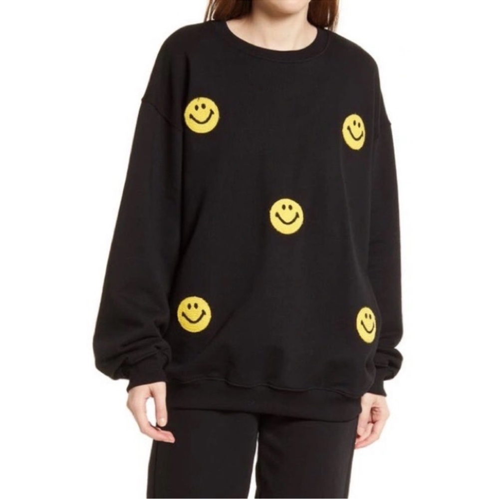 Joshua’s Smiley Black Crewneck with Smiley face patches